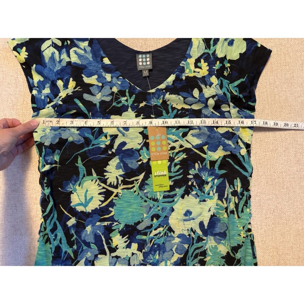 Title Nine Reversible Dress 2 In 1 Navy Blue & Floral Medium Rouched Sides New - Picture 11 of 13